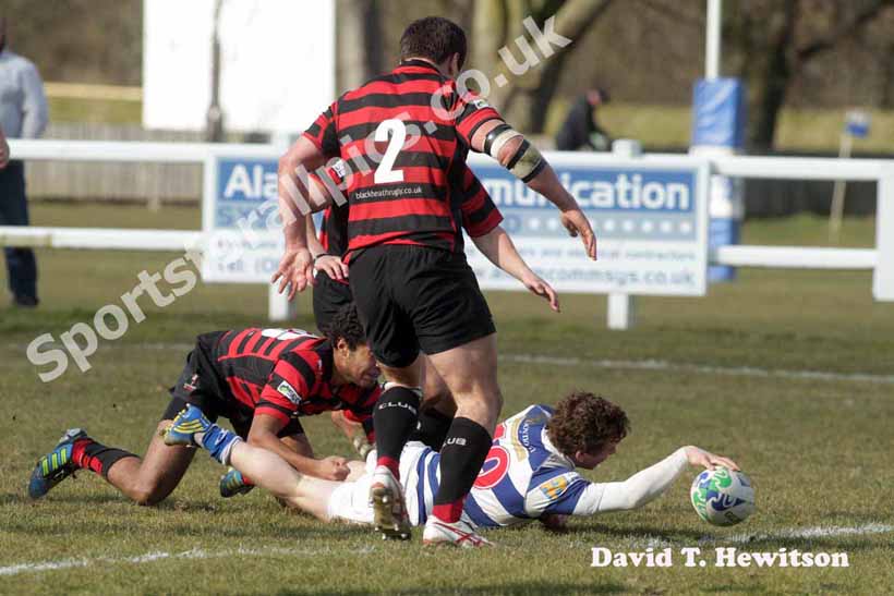 Tynedale's Matthew Outson scores a try against Blackheath, National League Division 1, Tynedale Park, Corbridge, Northumberland.